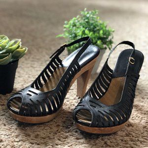 Michael Kors Black/Wood Peep-Toe Heels